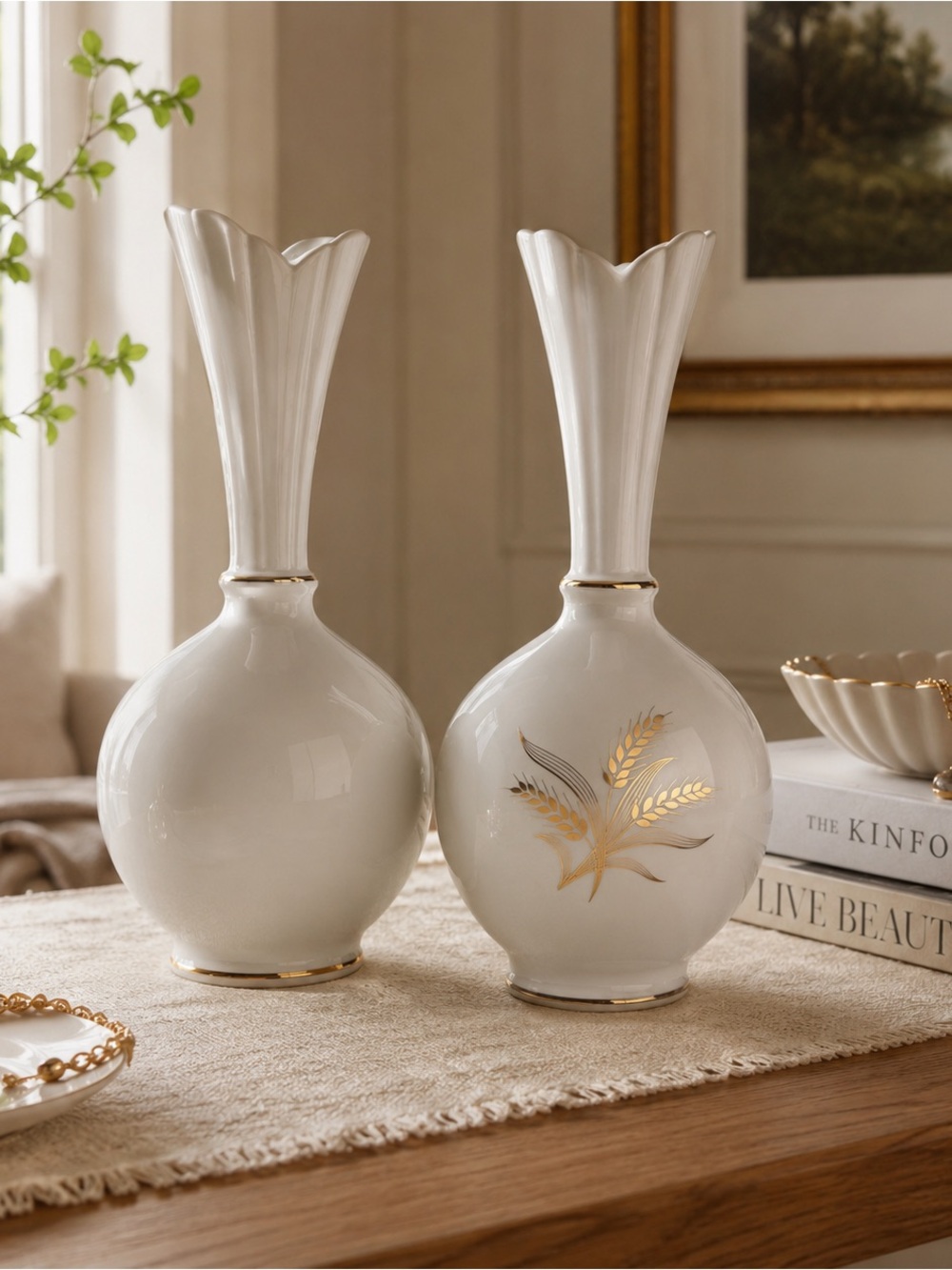 Elegant White Ceramic Vase with Gold Wheat Detail